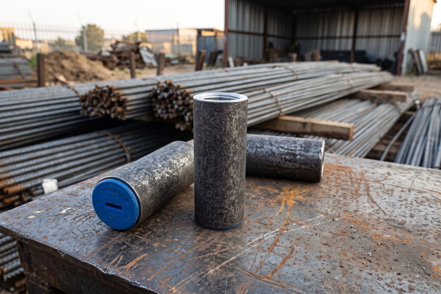 Reinforcing Bar Couplers Compared: Choosing the Right System for Your Project 2 Three reinforcing bar couplers on a steel bench in a reinforcing steel yard, one with a blue TTS end cap