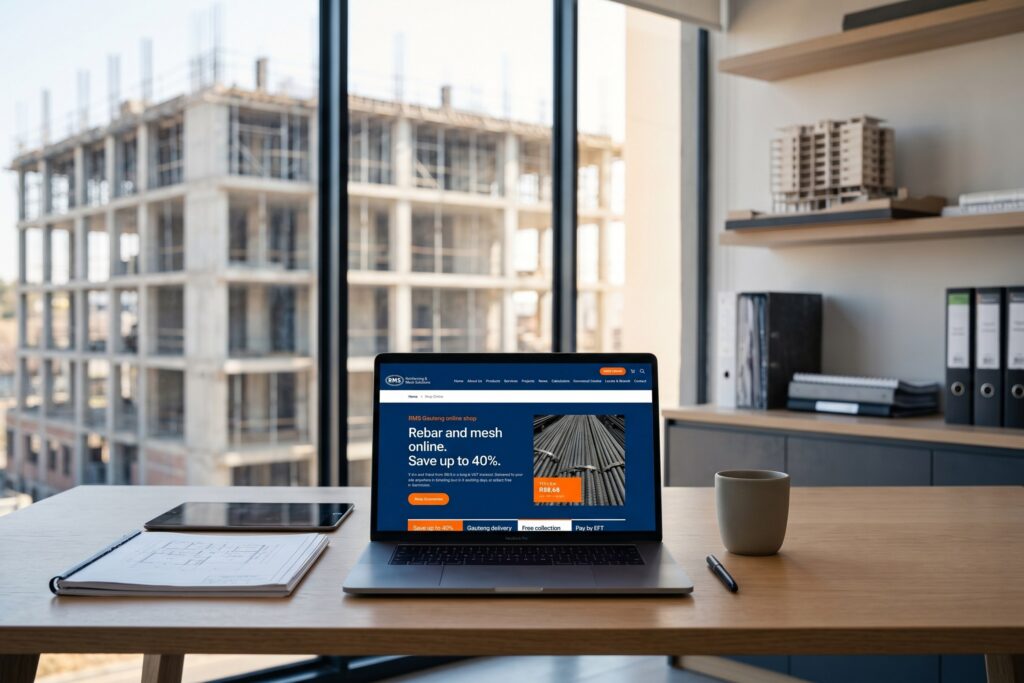 Silver laptop open on a tidy desk in a modern site office, showing the RMS online shop, with a concrete building frame visible through the window behind
