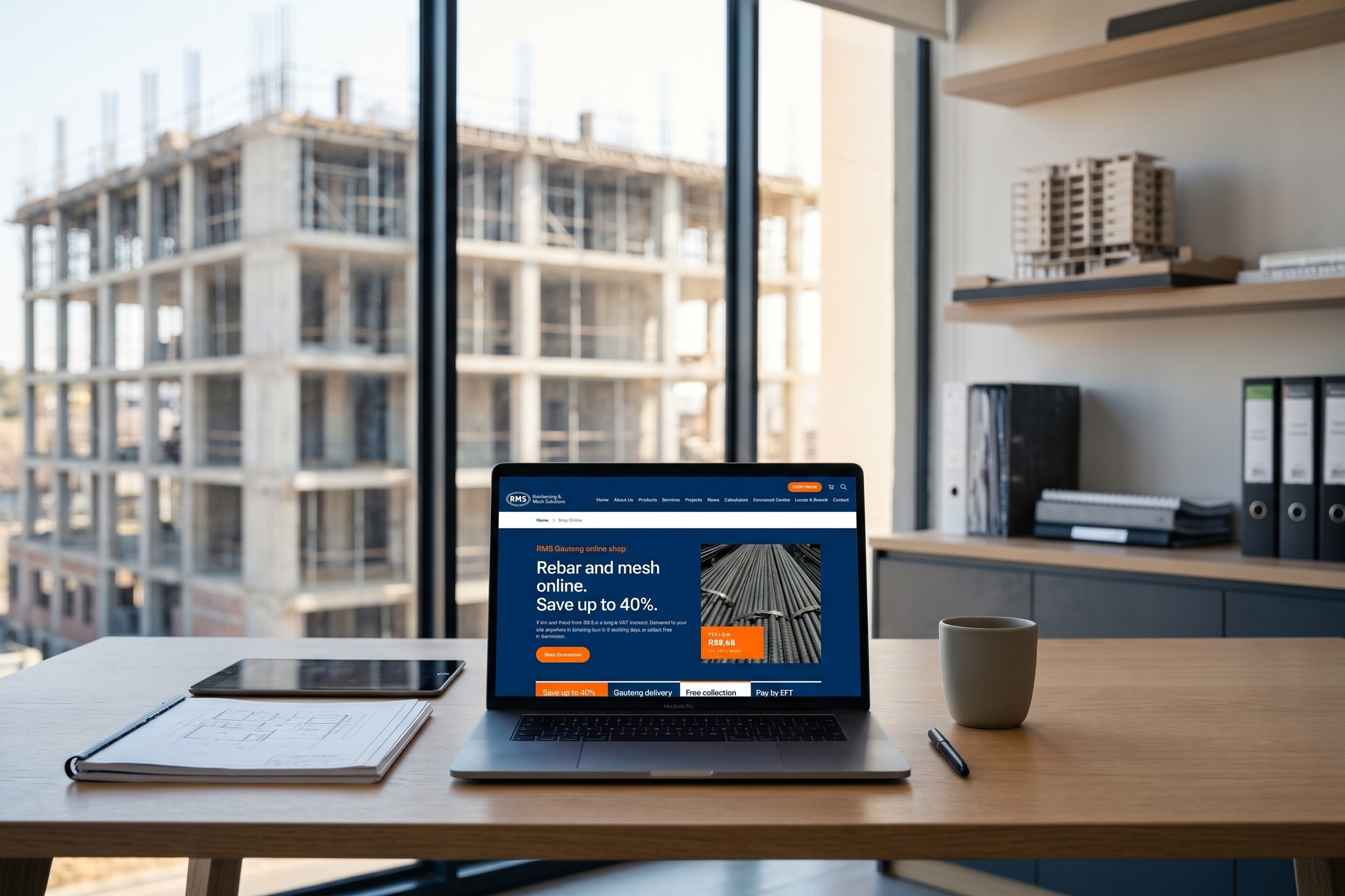 Silver laptop open on a tidy desk in a modern site office, showing the RMS online shop, with a concrete building frame visible through the window behind