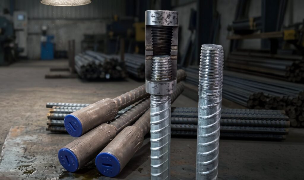 Cut-away reinforcing bar coupler and blue-capped couplers on bar ends
