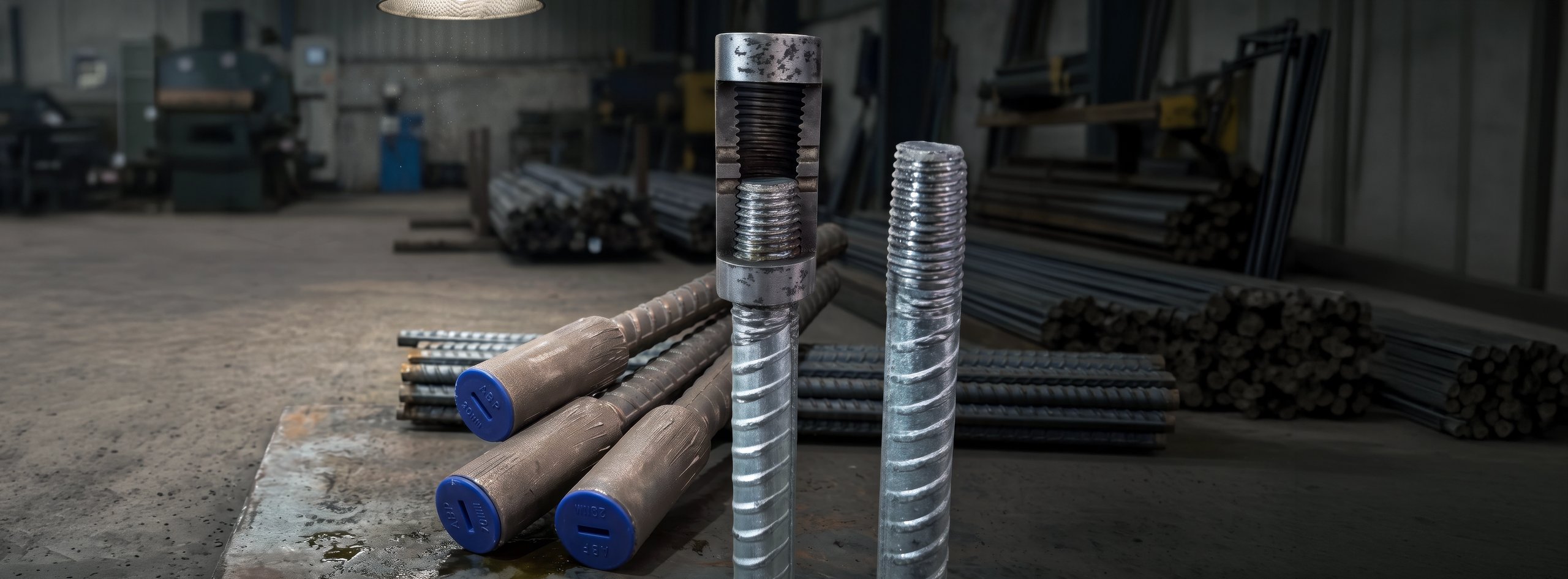 Cut-away reinforcing bar coupler and blue-capped couplers on bar ends