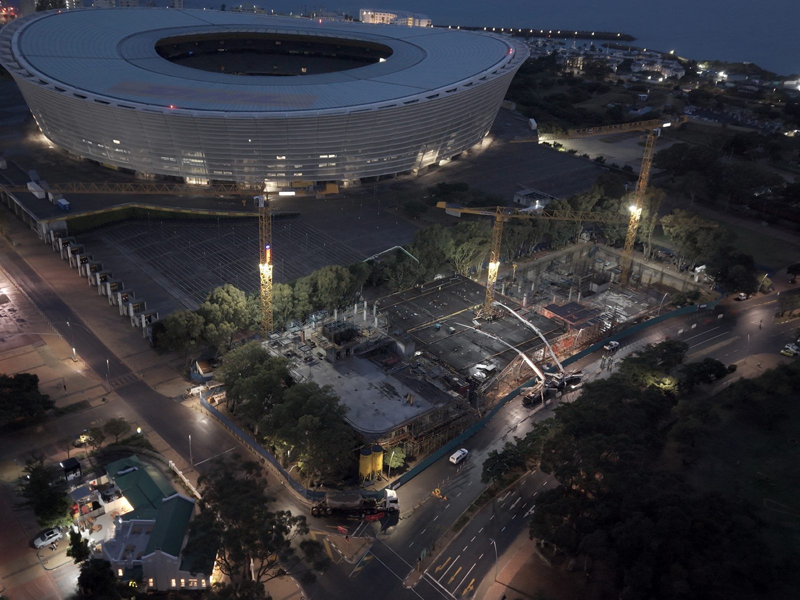 The Granger Building, Cape Town 8 Night aerial view of The Granger Building site and the lit stadium in Green Point, Cape Town