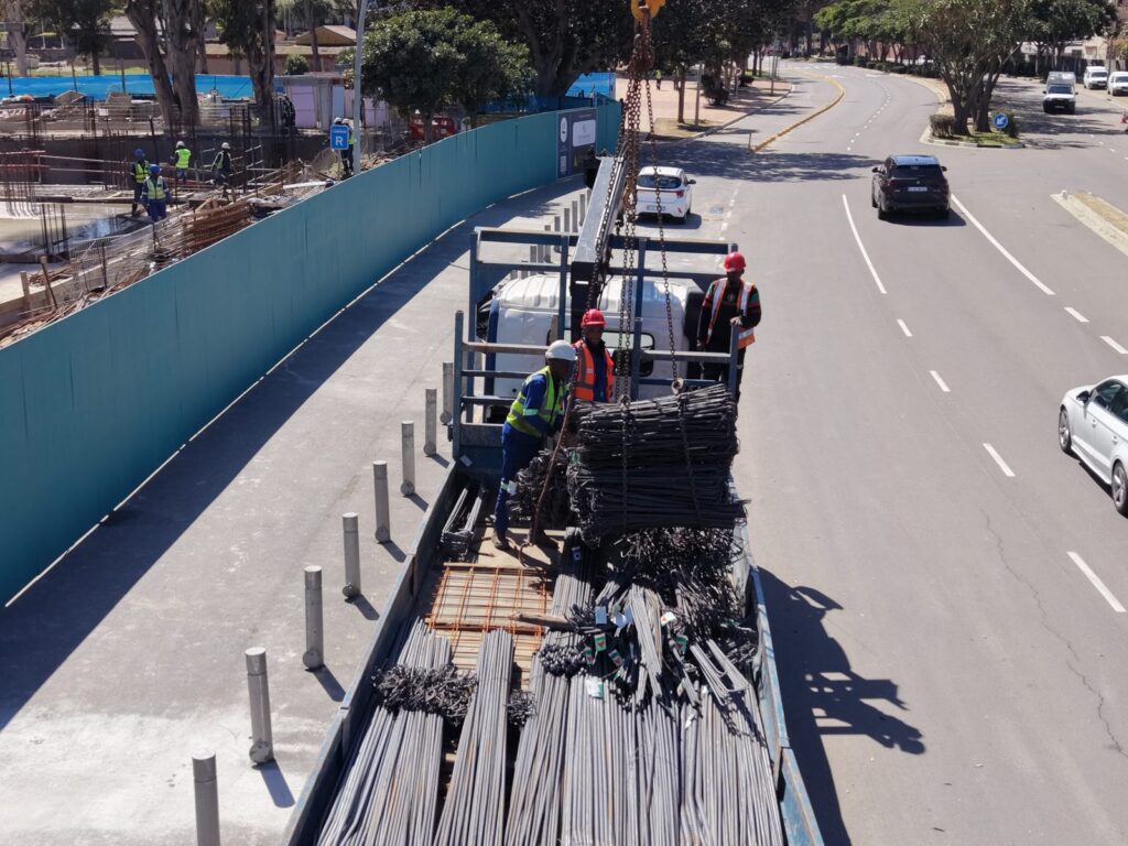 The Granger Building, Cape Town 3 RMS delivery truck loaded with reinforcing steel arriving at The Granger Building site