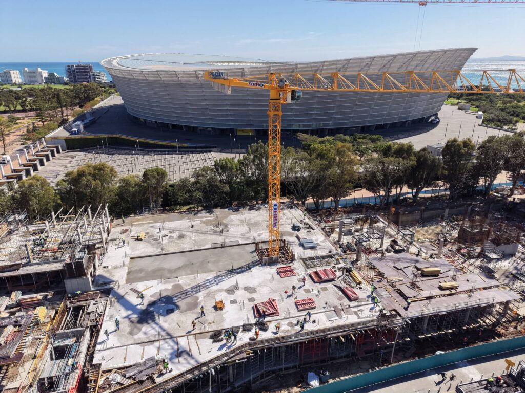 Aerial view of The Granger Building construction site next to the stadium in Green Point, Cape Town